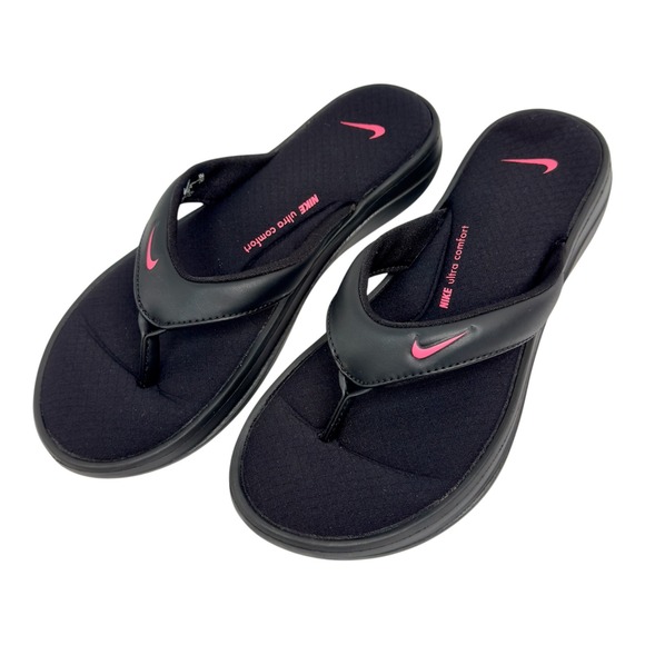 Nike Ultra Comfort Black Flip Flops Thong Sandals Pink Logo Womens US 8 - Picture 1 of 12